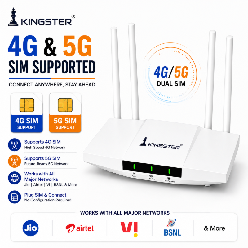 KINGSTER 5G & 4G Mobile Sim Based Wi-Fi Router with Four Antenna