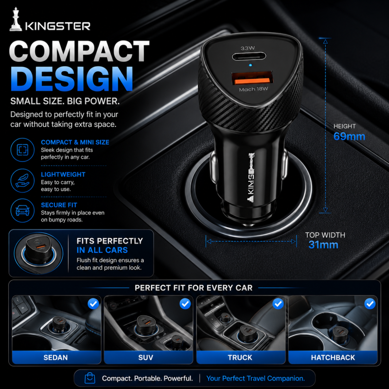 Kingster 51W Car Power 16 Fast Car Charger with Dual Output