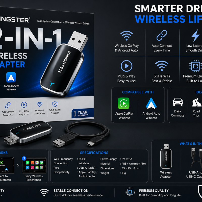 KINGSTER 2-in-1 Wireless CarPlay Adapter & Android Auto Adapter